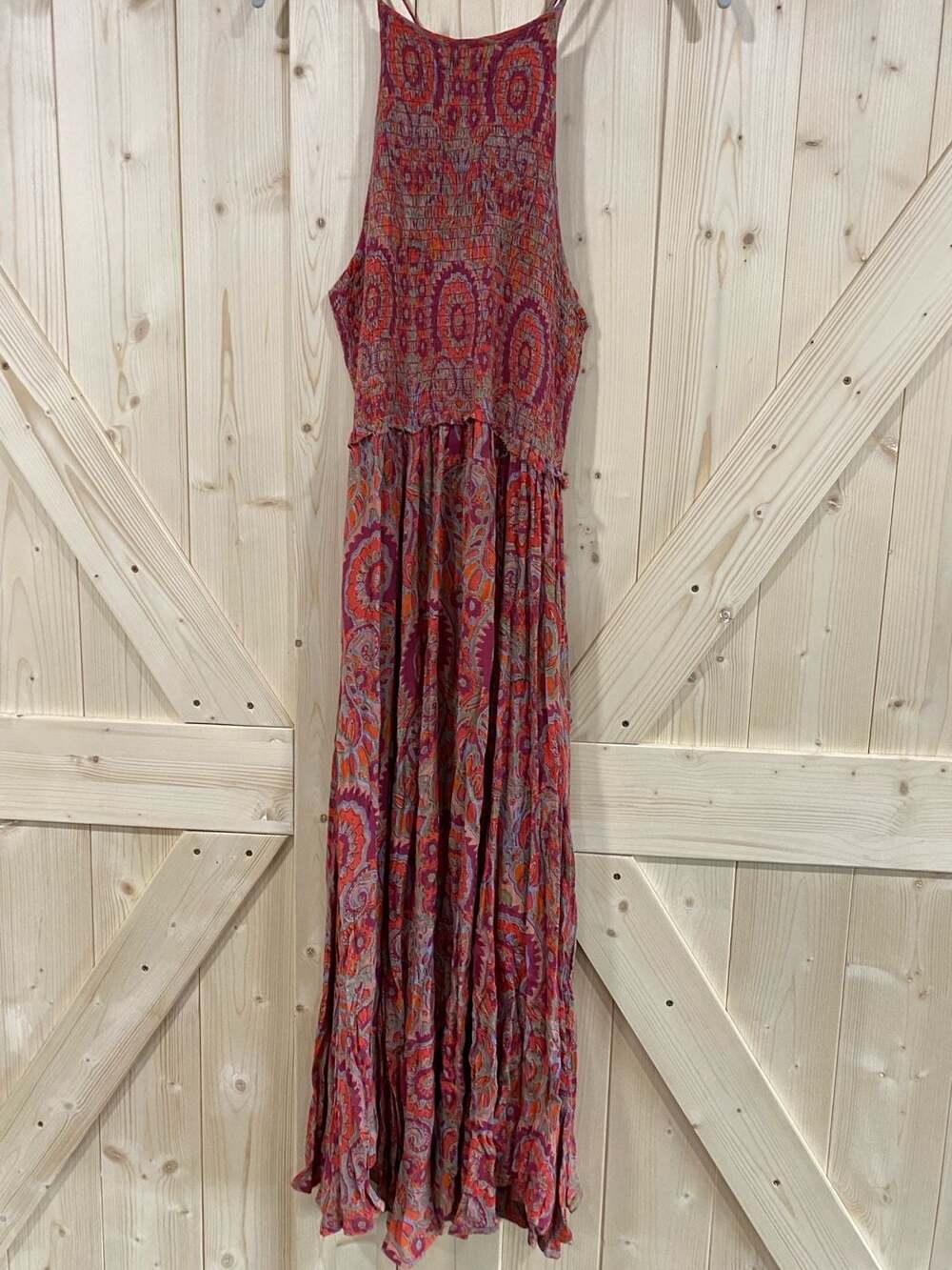 Free People Paisley Maxi Dress Boho Halter Red Orange Smocked small